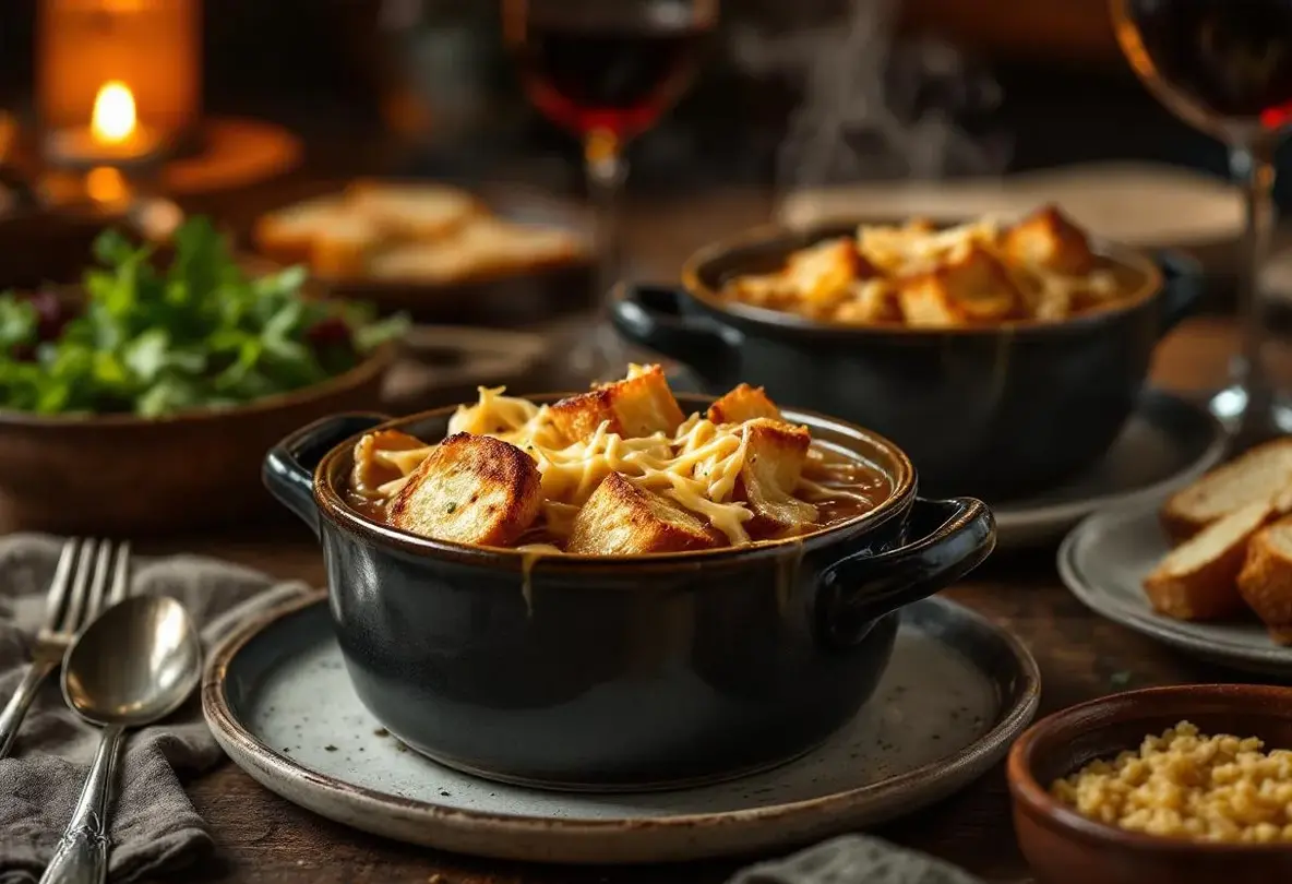 Les soirées froides ne résistent pas à cette soupe à l’oignon maison : douceur caramélisée, croûtons dorés et fromage bien gratiné au four